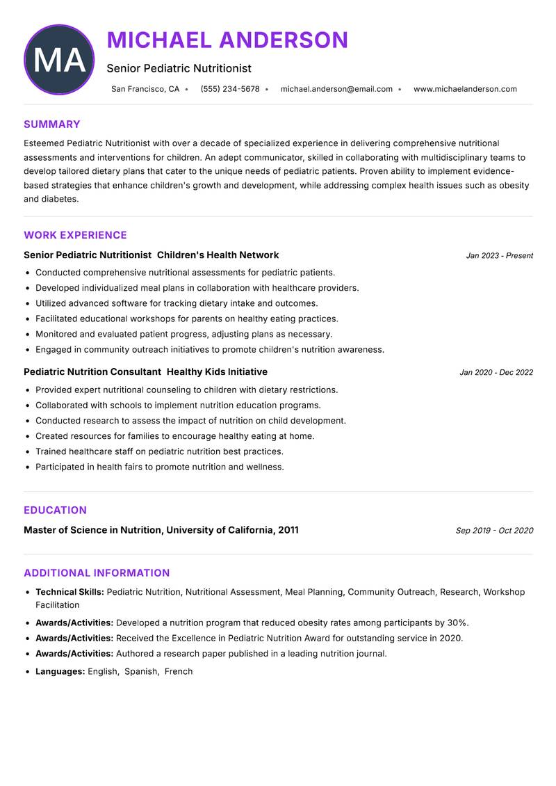 Pediatric Nutritionist Resume Preview Example