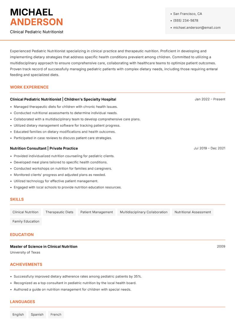 Pediatric Nutritionist Resume Template