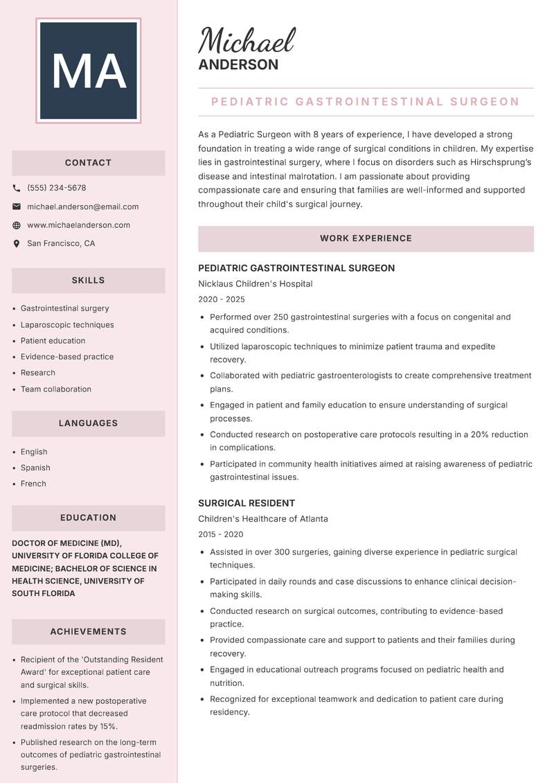 Pediatric Surgeon Resume Preview Example