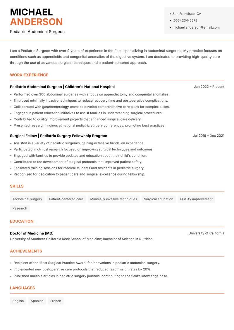 Pediatric Surgeon Resume Template