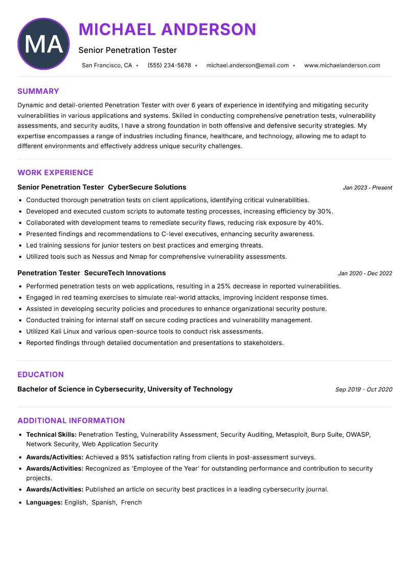 Penetration Tester Resume Preview Example
