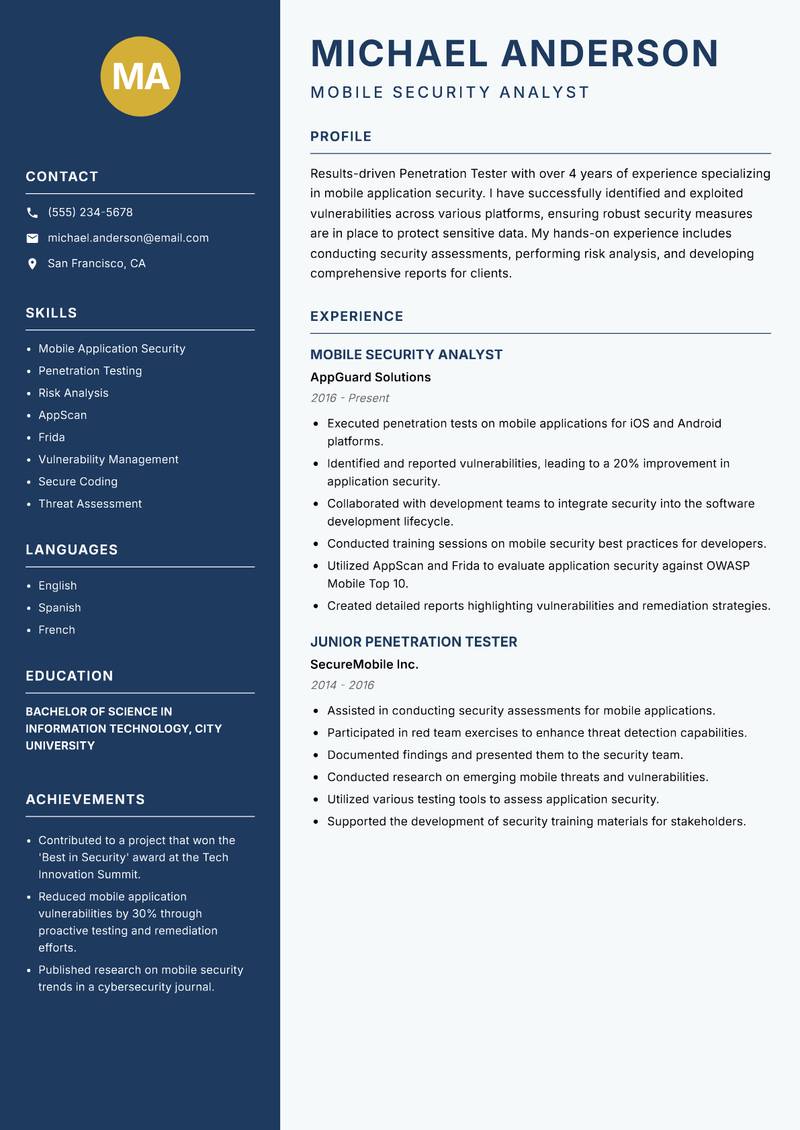 Penetration Tester Resume Preview Example