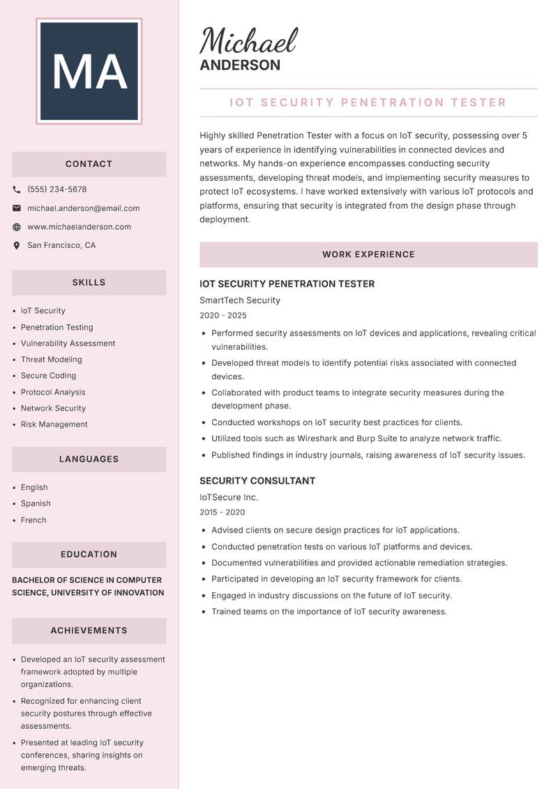 Penetration Tester Resume Preview Example