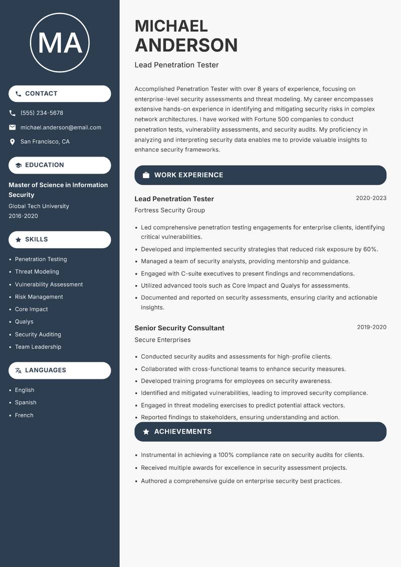 Penetration Tester Resume Preview Example