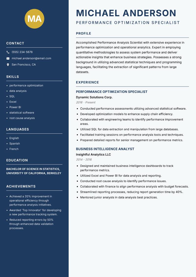 Performance Analysis Scientist Resume Preview Example