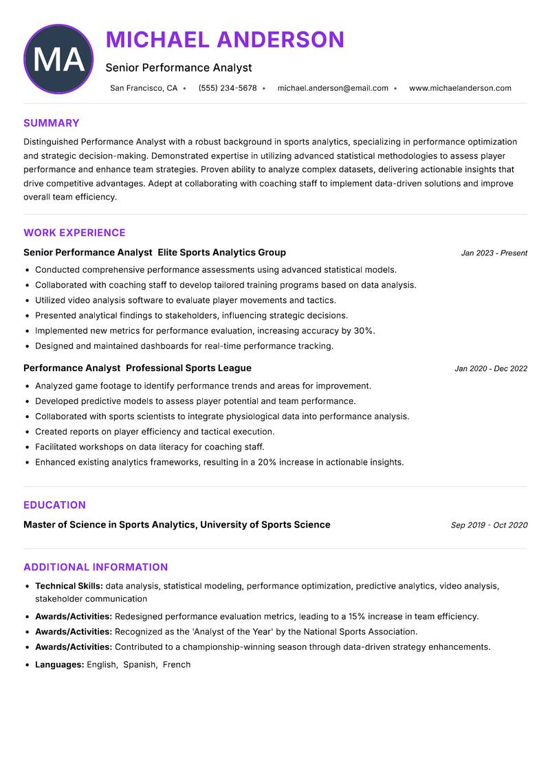 Performance Analyst Sports Resume Preview Example