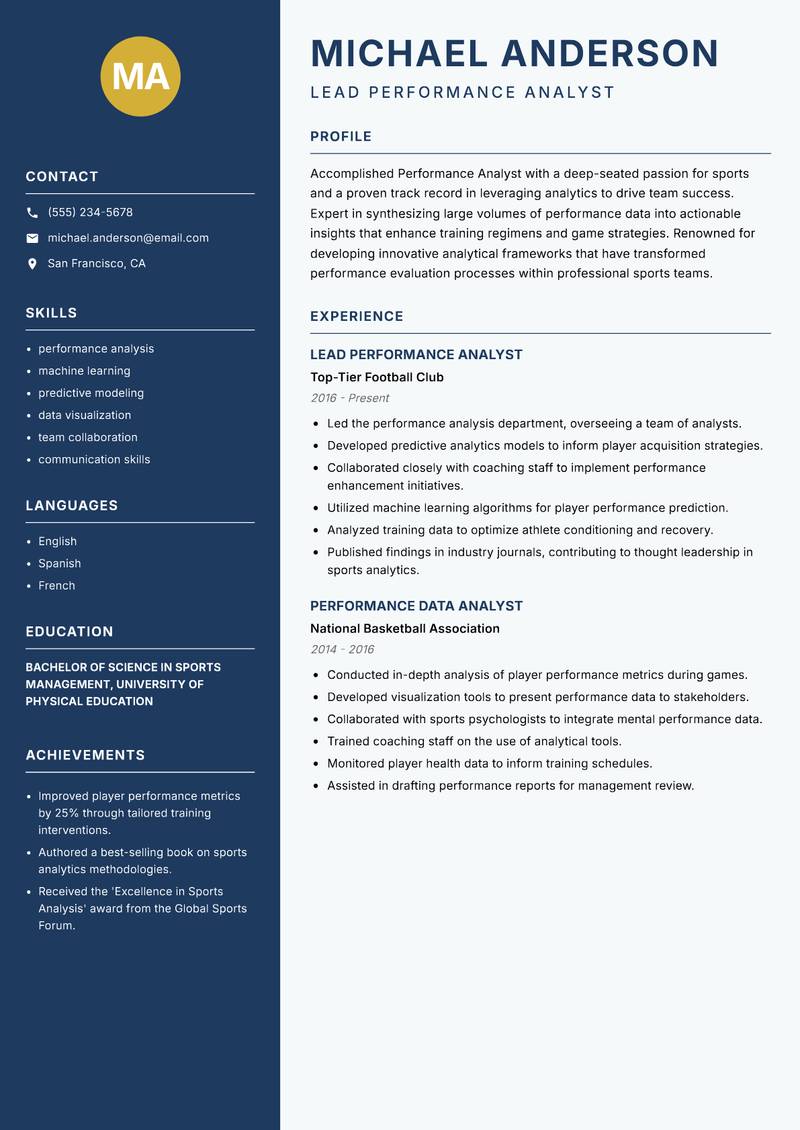 Performance Analyst Sports Resume Preview Example