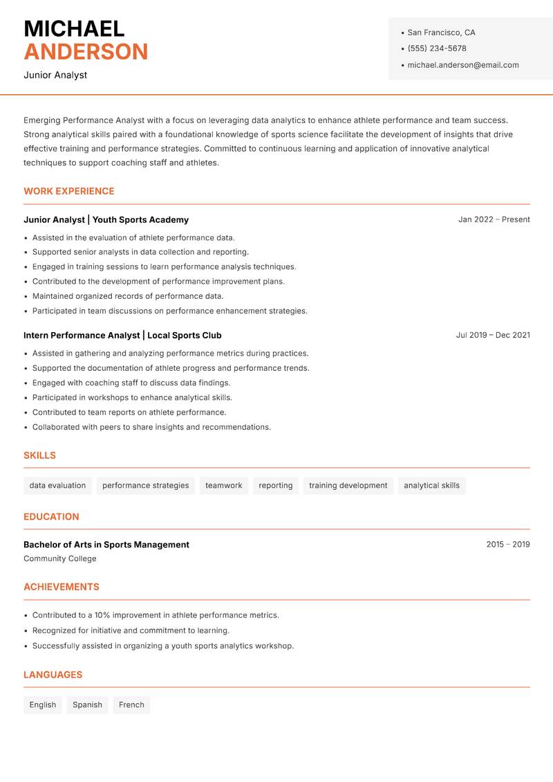Performance Analyst Sports Resume Template
