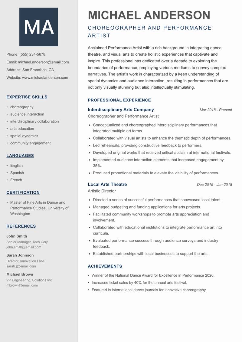 Performance Artist Resume Preview Example