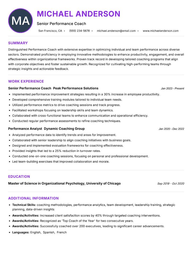 Performance Coach Resume Preview Example