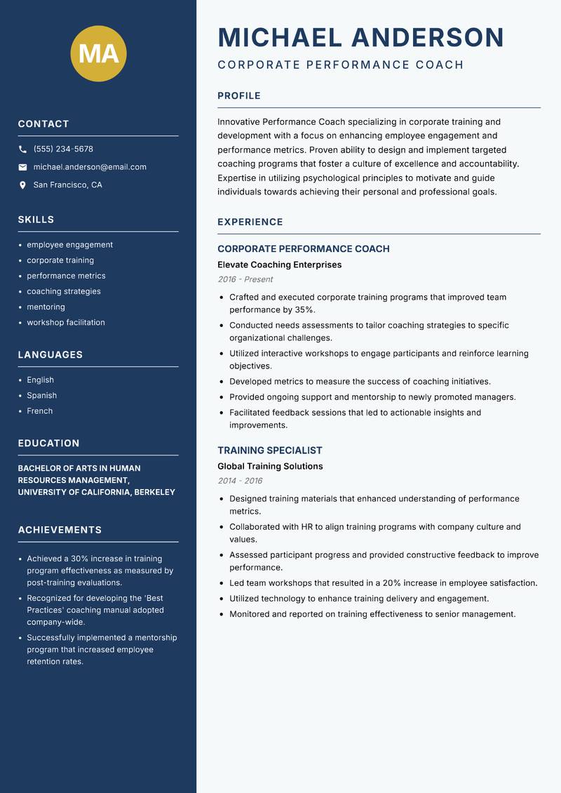 Performance Coach Resume Preview Example