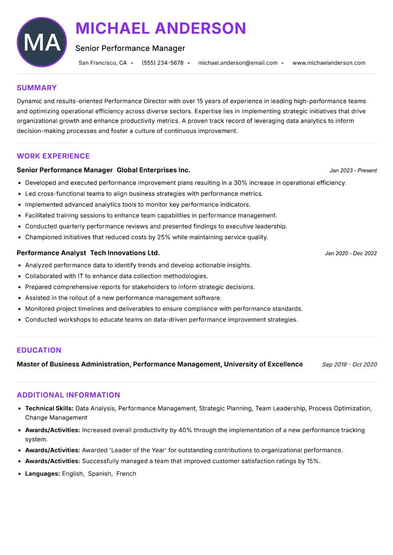 Performance Director Resume Preview Example