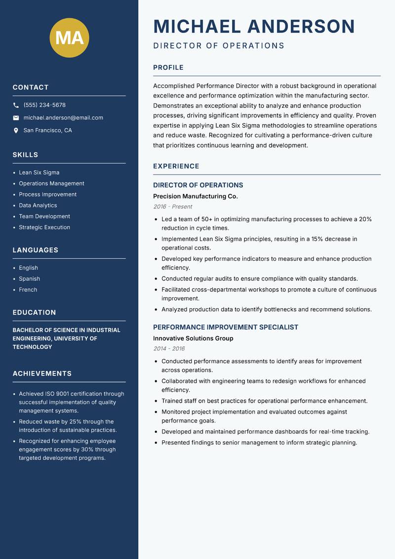 Performance Director Resume Preview Example