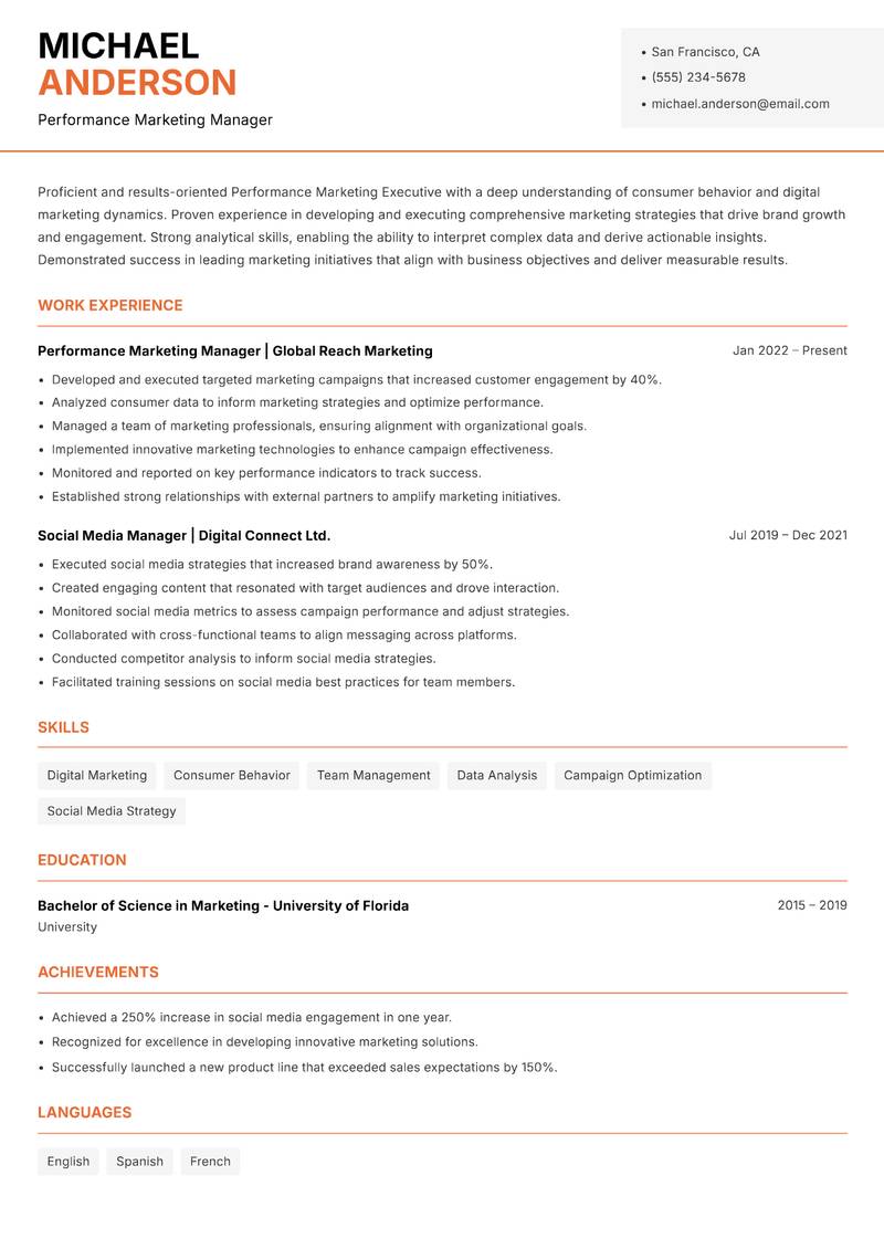 Performance Marketing Executive Resume Template