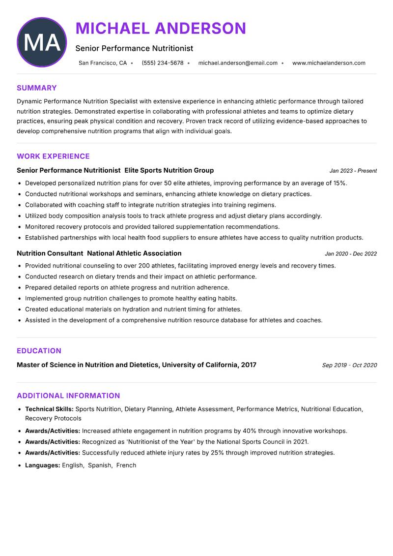 Performance Nutrition Specialist Resume Preview Example