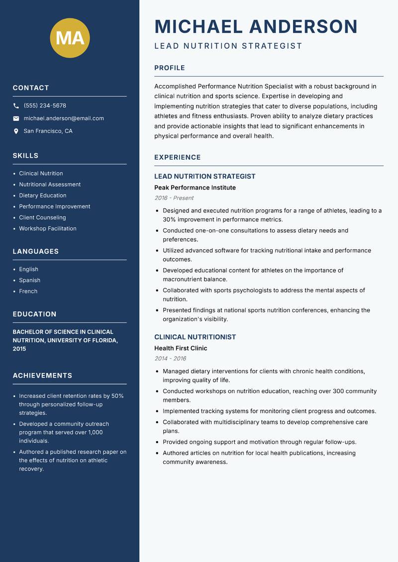Performance Nutrition Specialist Resume Preview Example