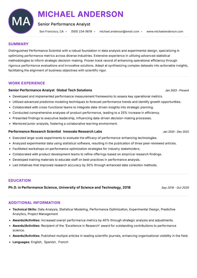 Performance Scientist Resume Preview Example