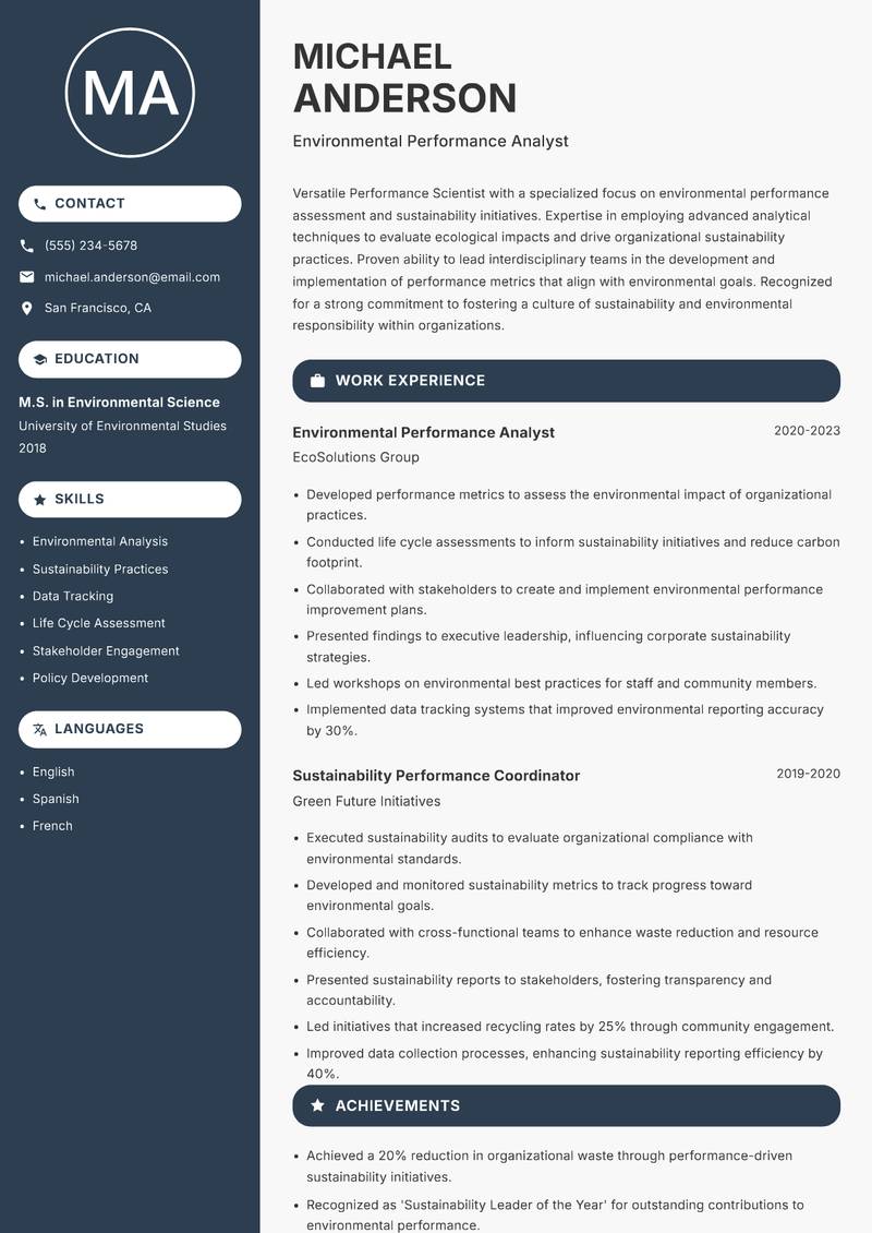 Performance Scientist Resume Preview Example