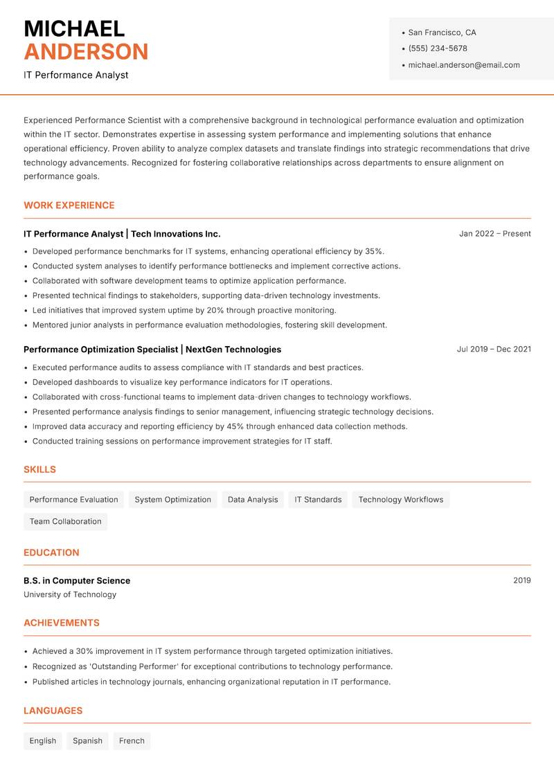 Performance Scientist Resume Template