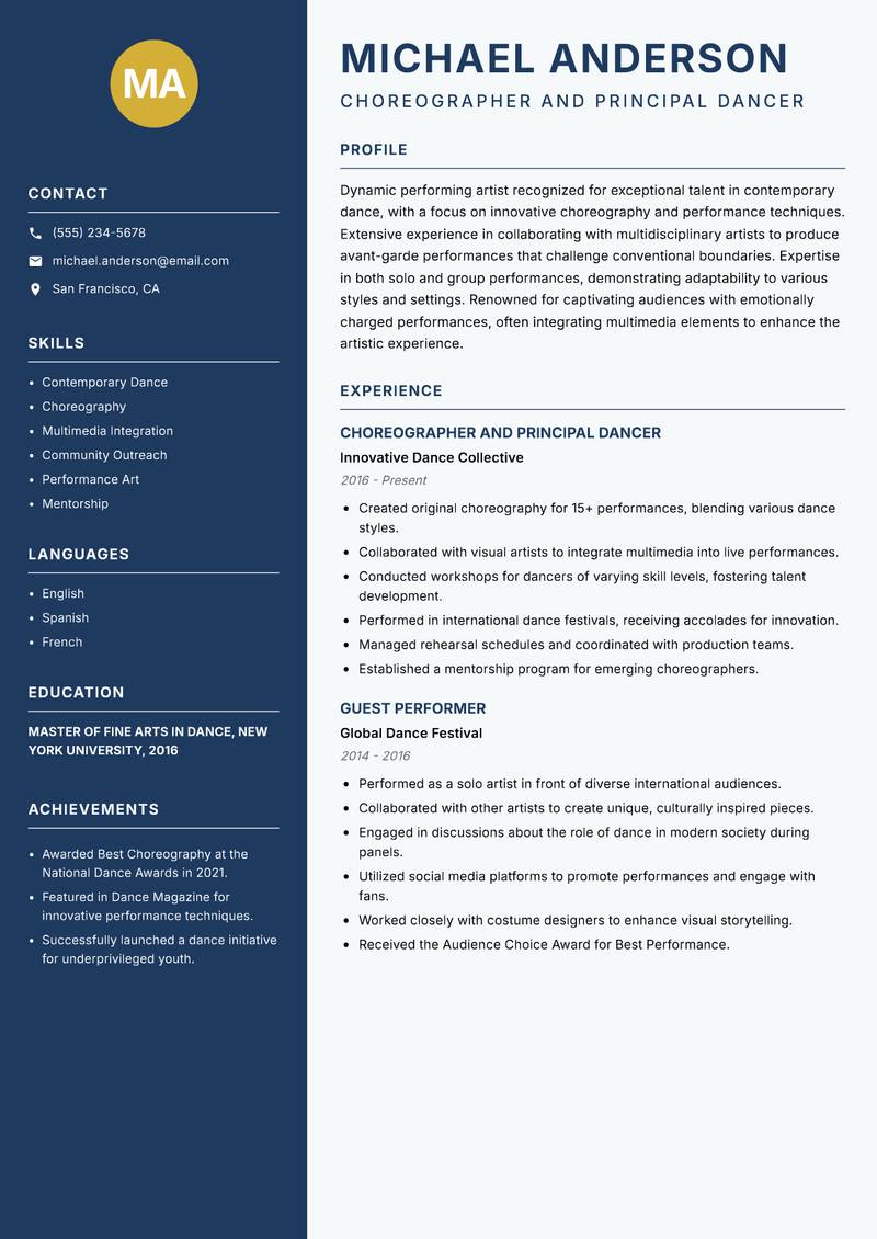 Performing Artist Resume Preview Example