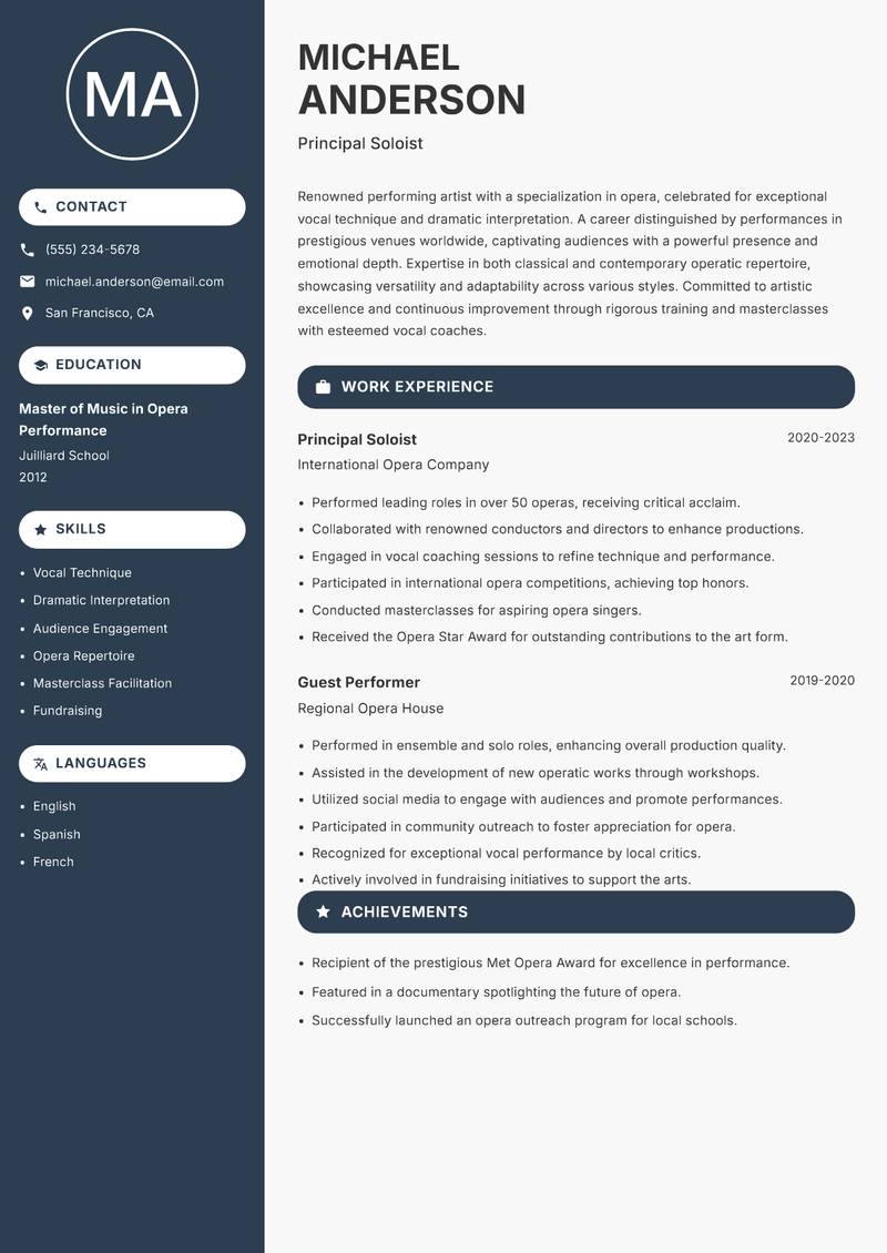 Performing Artist Resume Preview Example