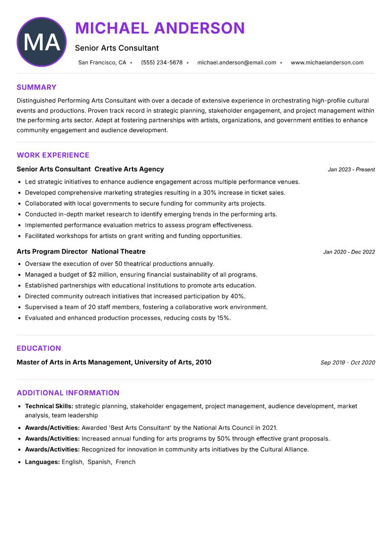 Performing Arts Consultant Resume Preview Example