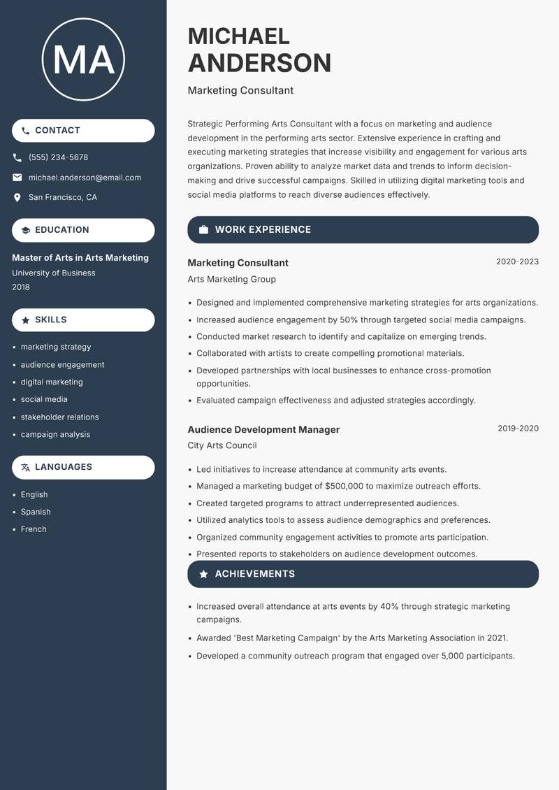 Performing Arts Consultant Resume Preview Example