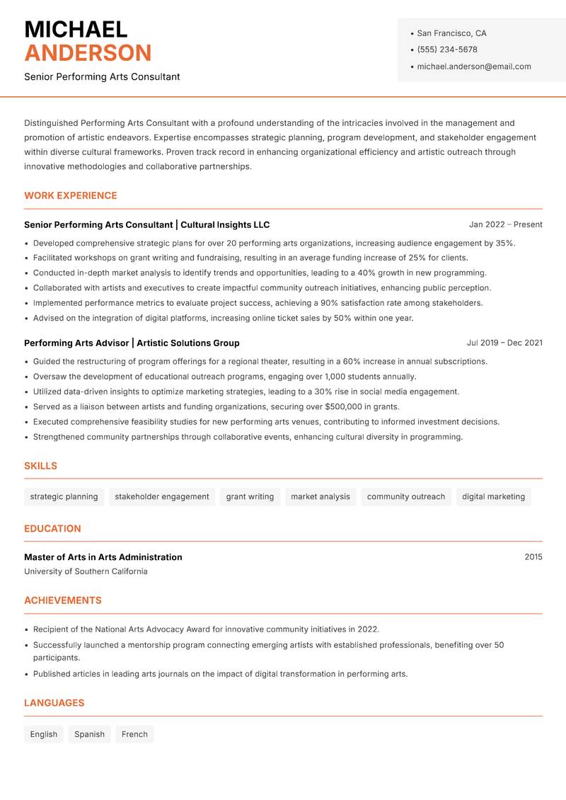 Performing Arts Consultant Resume Template