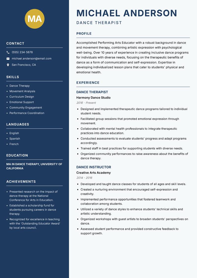 Performing Arts Educator Resume Preview Example