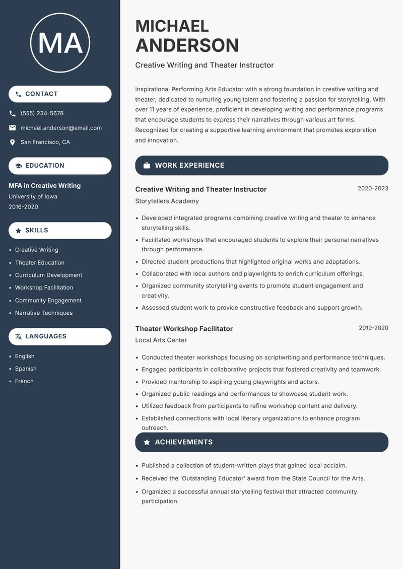 Performing Arts Educator Resume Preview Example
