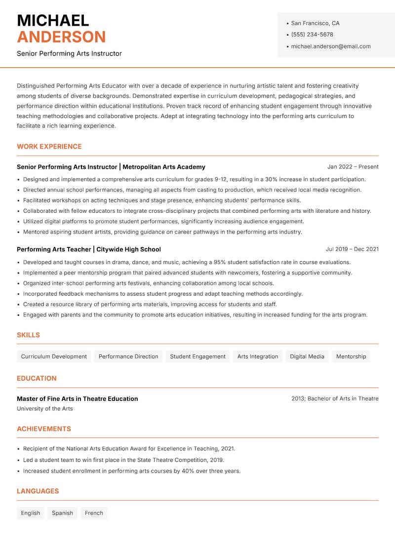 Performing Arts Educator Resume Template