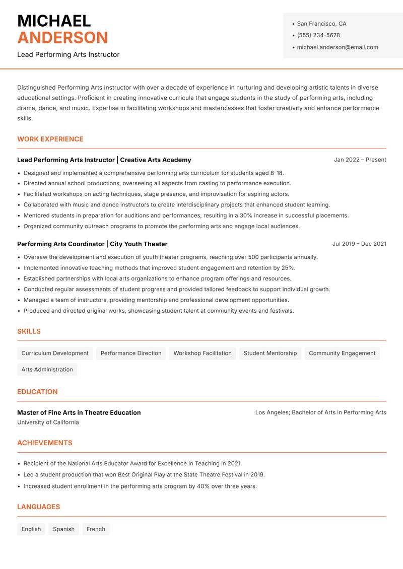Performing Arts Instructor Resume Template