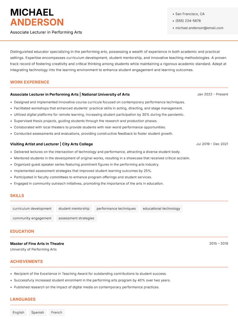 Performing Arts Lecturer Resume Template