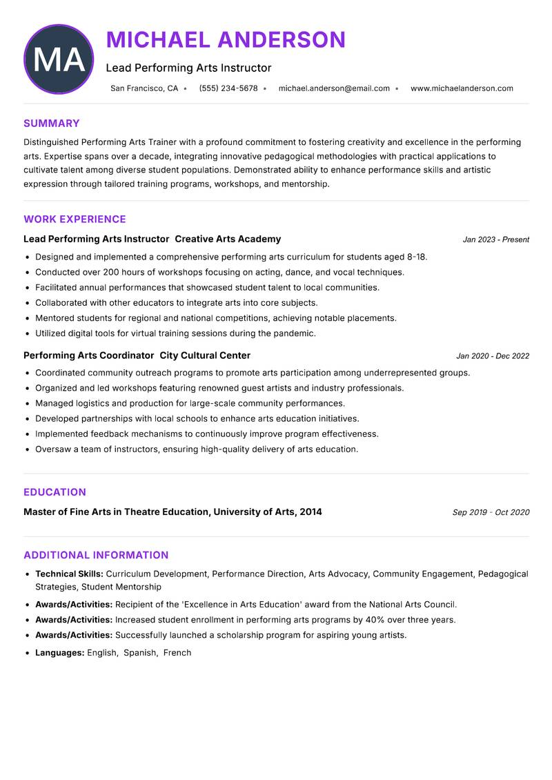 Performing Arts Trainer Resume Preview Example
