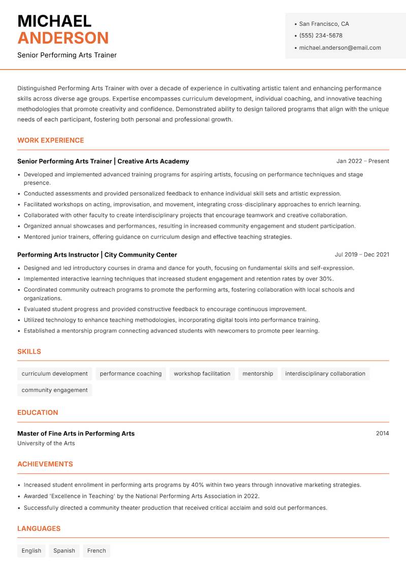 Performing Arts Trainer Resume Template