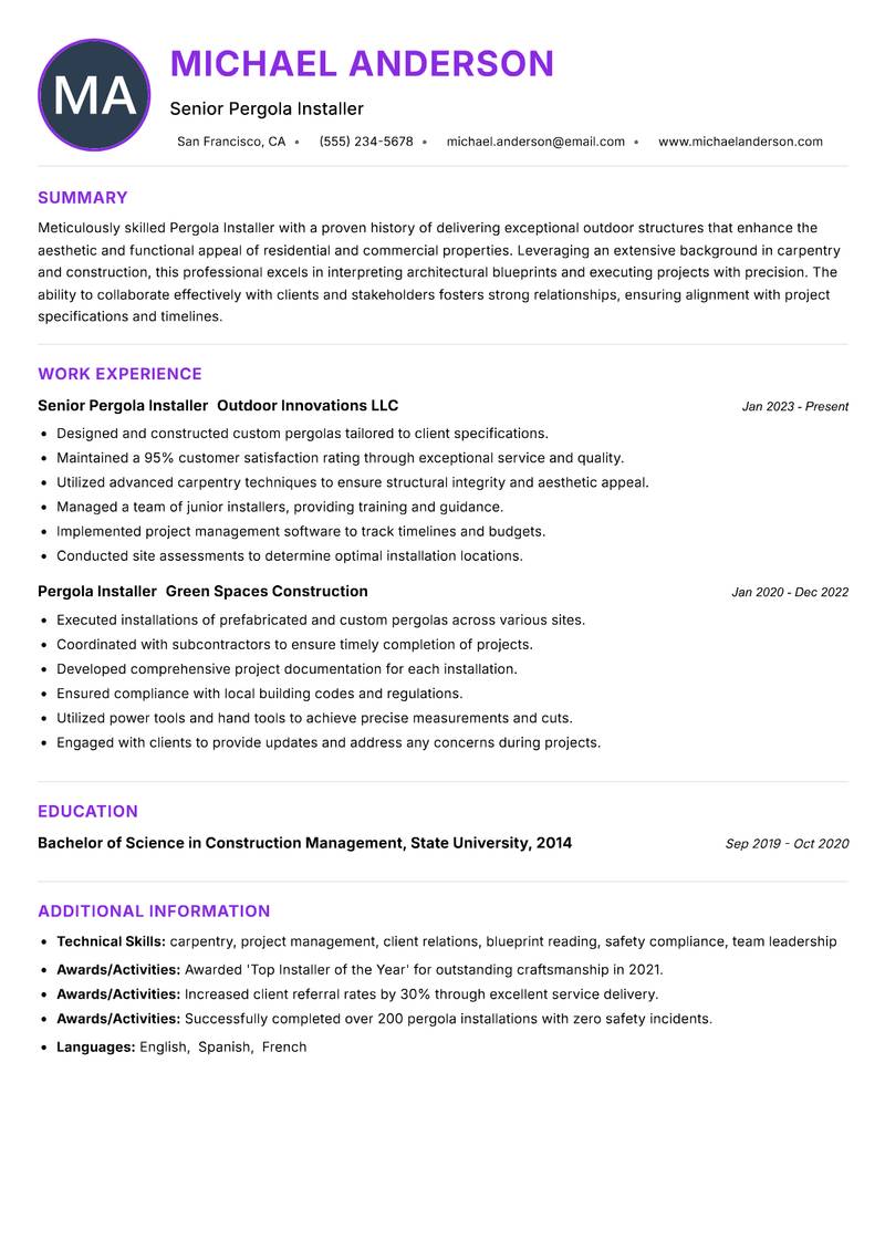 Pergola Installer Resume Preview Example