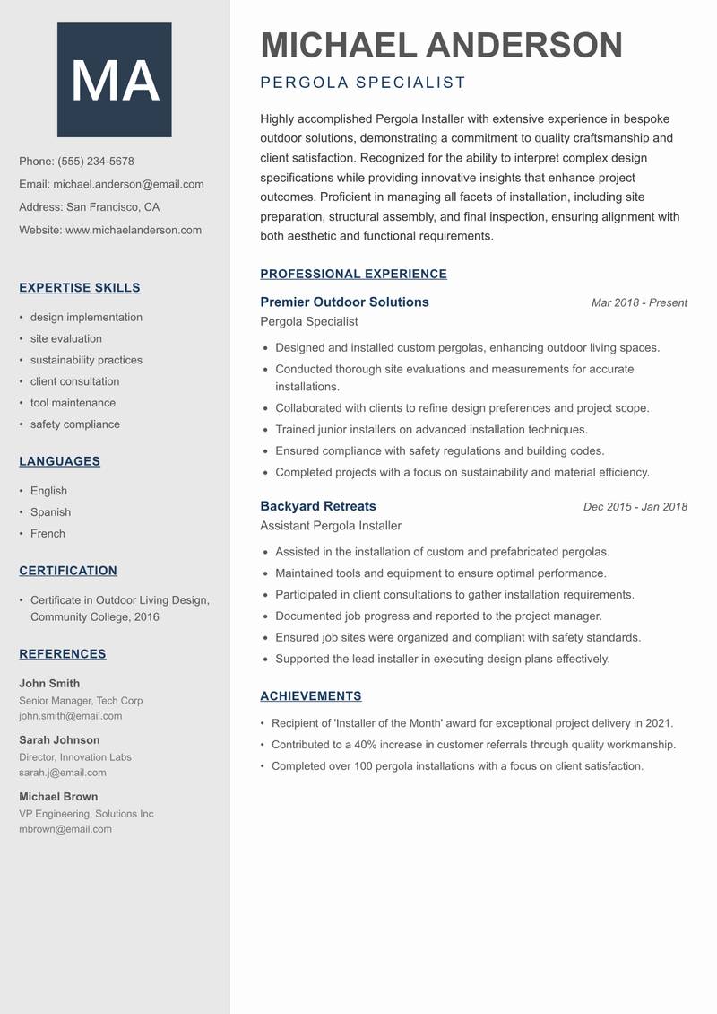 Pergola Installer Resume Preview Example