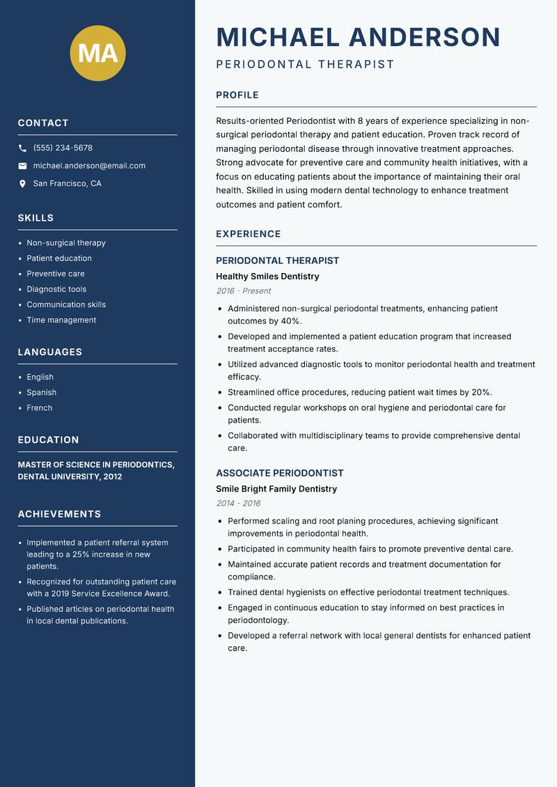 Periodontist Resume Preview Example