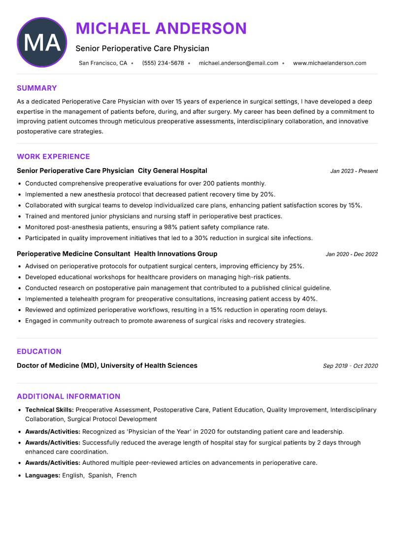 Perioperative Care Physician Resume Preview Example