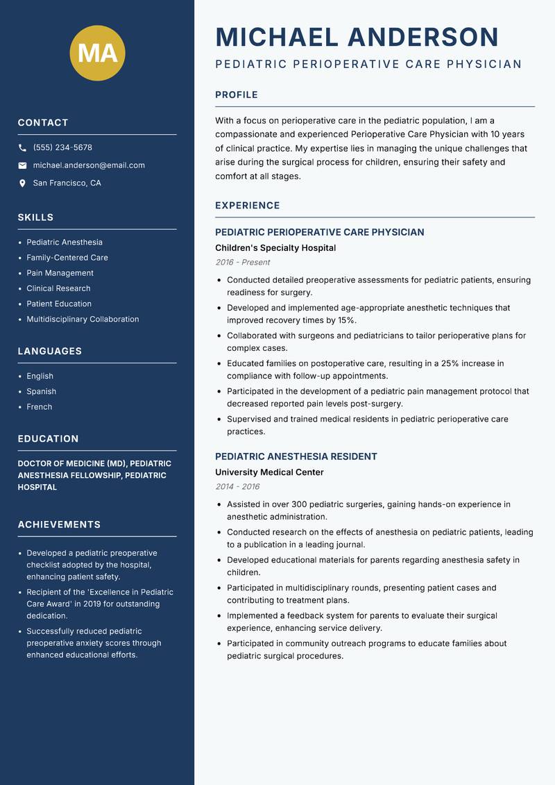 Perioperative Care Physician Resume Preview Example