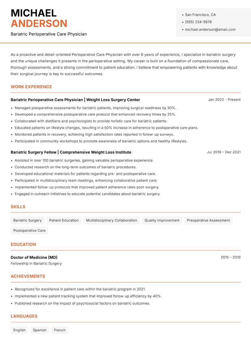 Perioperative Care Physician Resume Template