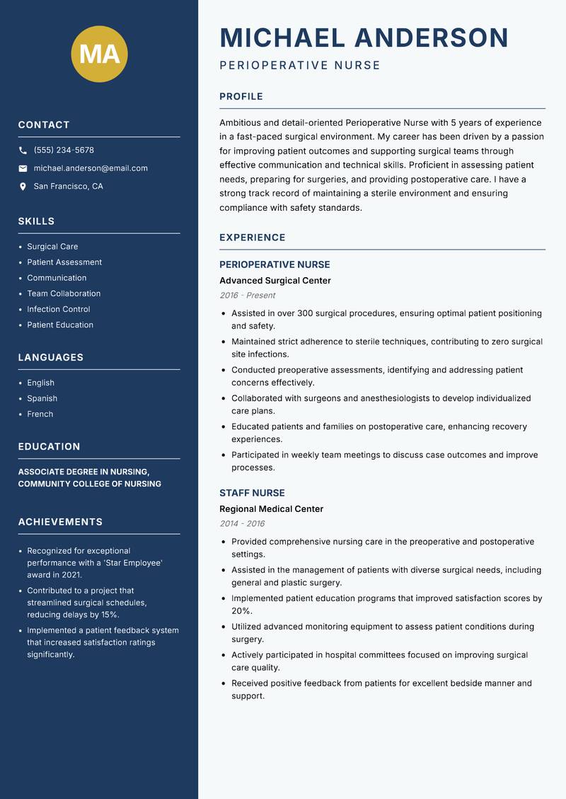 Perioperative Nurse Resume Preview Example
