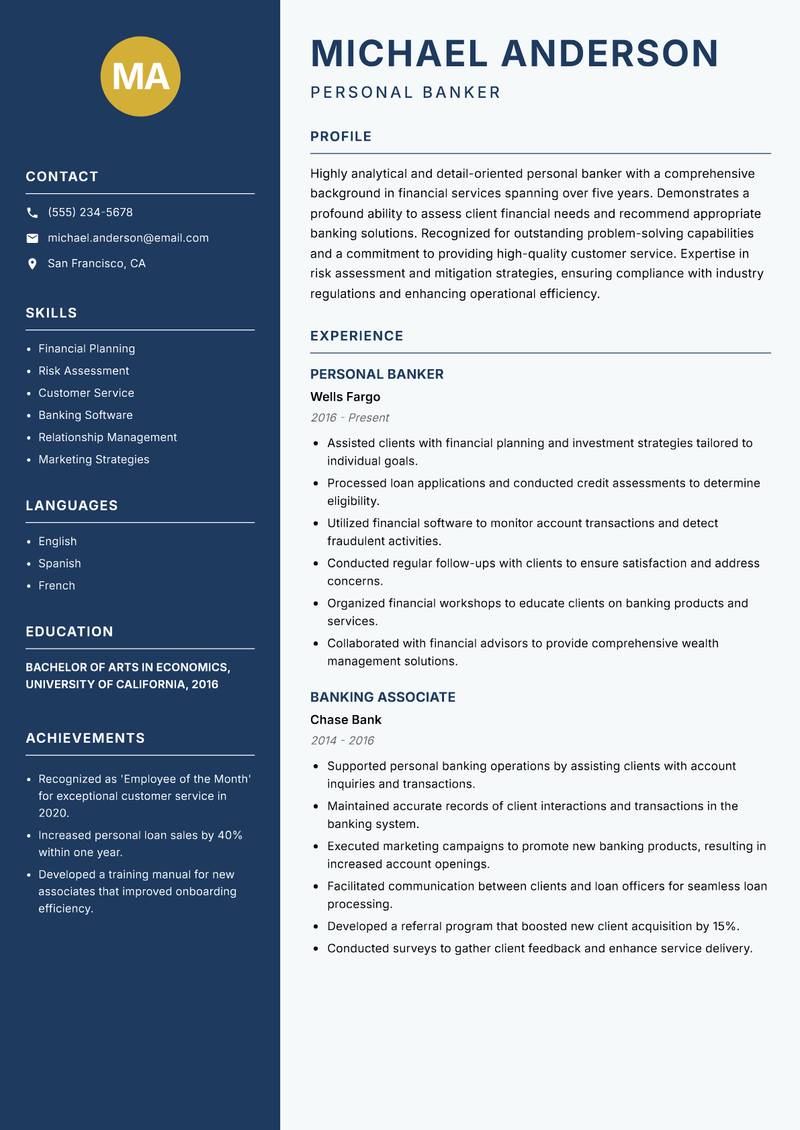 Personal Banker Resume Preview Example