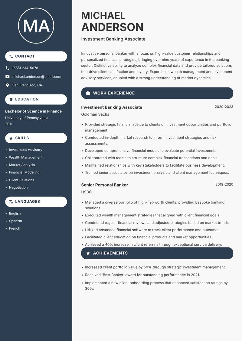 Personal Banker Resume Preview Example