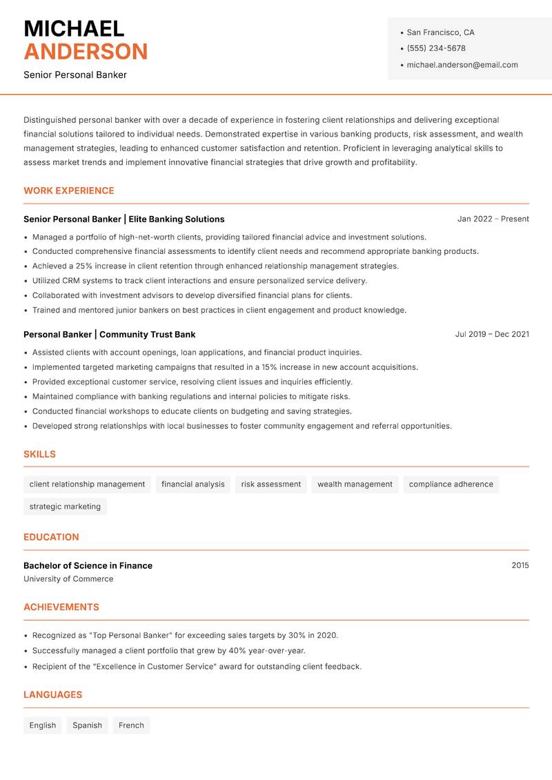 Personal Banker Resume Template
