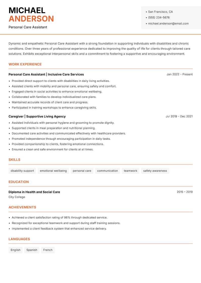 Personal Care Assistant Resume Template