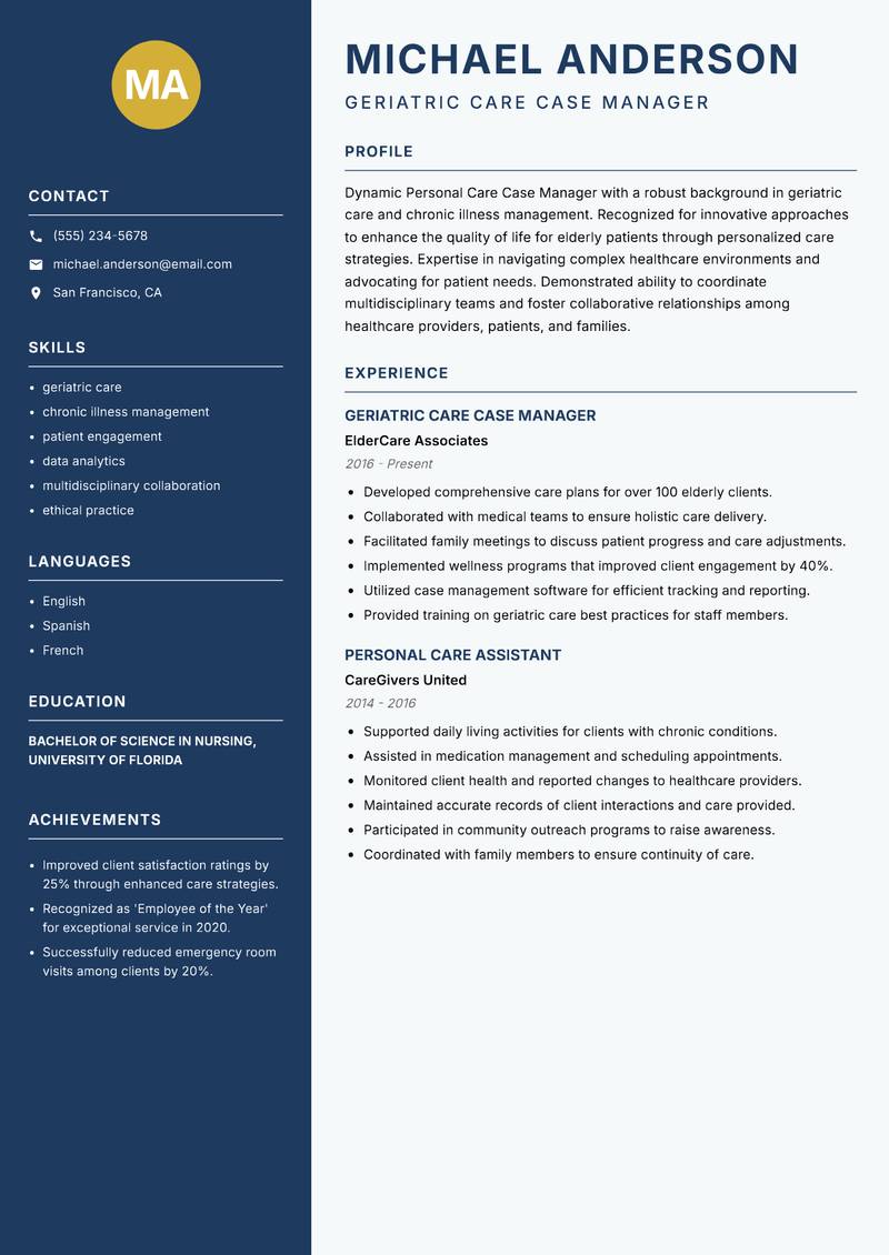 Personal Care Case Manager Resume Preview Example