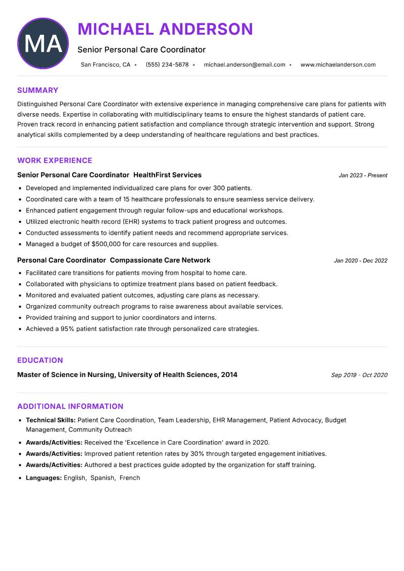 Personal Care Coordinator Resume Preview Example