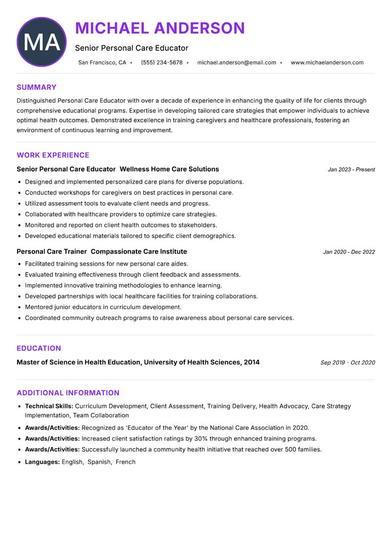 Personal Care Educator Resume Preview Example