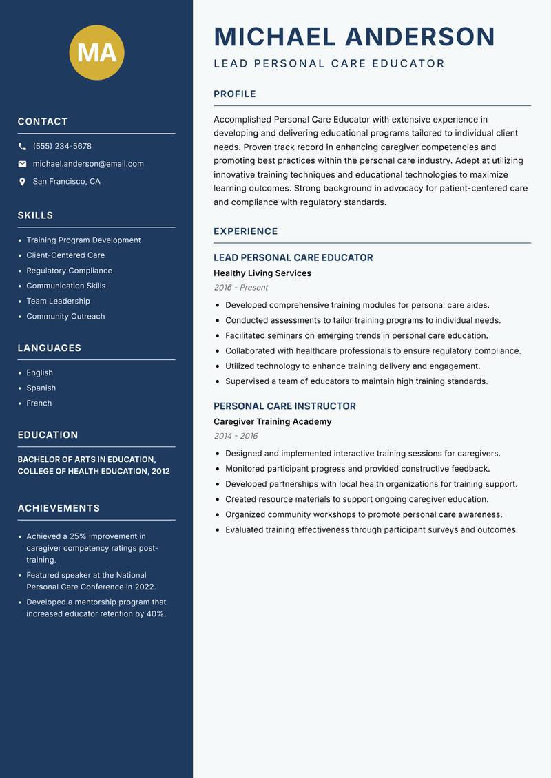 Personal Care Educator Resume Preview Example